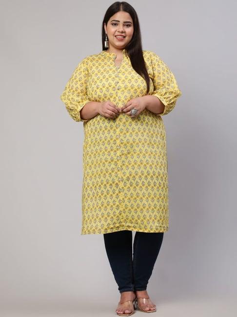 jaipur kurti yellow cotton printed straight plus size kurta