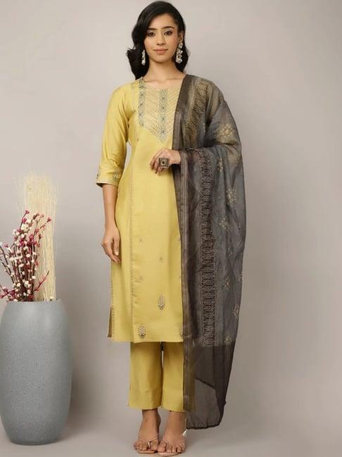 jaipur kurti yellow embroidered kurta pant set with dupatta