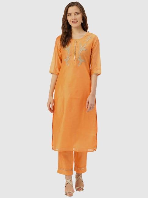 jaipur kurti yellow embroidered kurta pant set