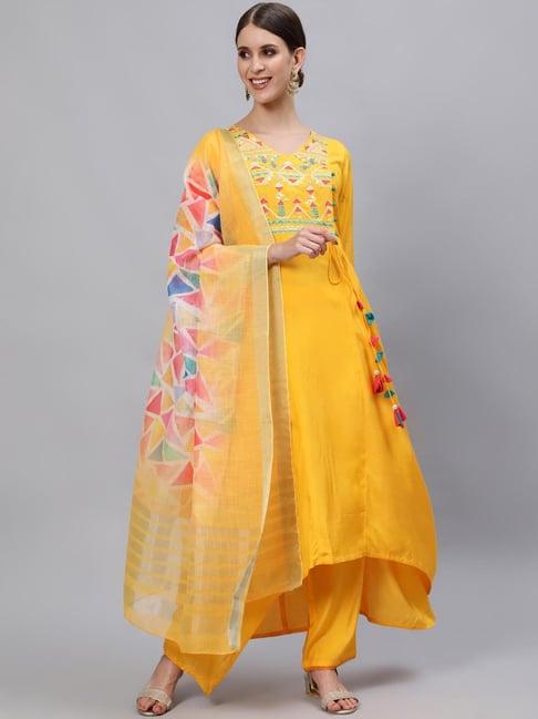 jaipur kurti yellow embroidered kurta with palazzo & dupatta