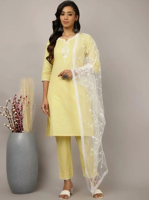 jaipur kurti yellow embroidered kurti pant set with dupatta