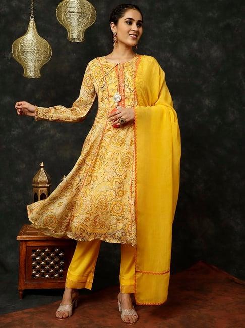 jaipur kurti yellow floral print anarkali kurta with pant & dupatta