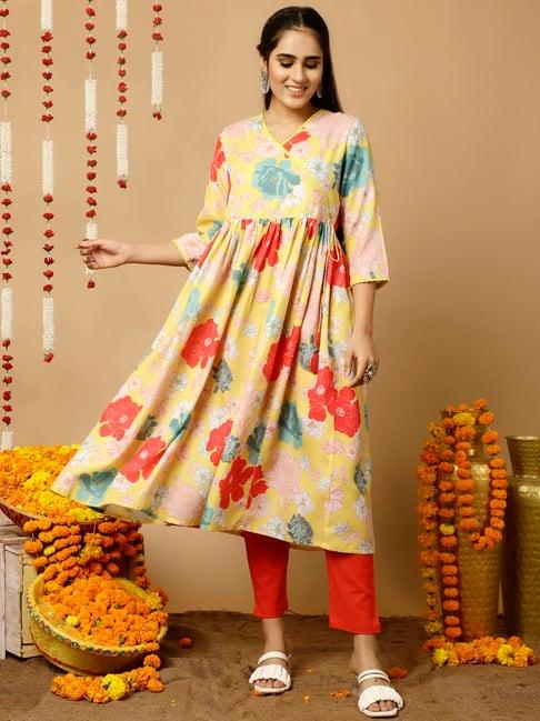 jaipur kurti yellow floral print angrakha kurta