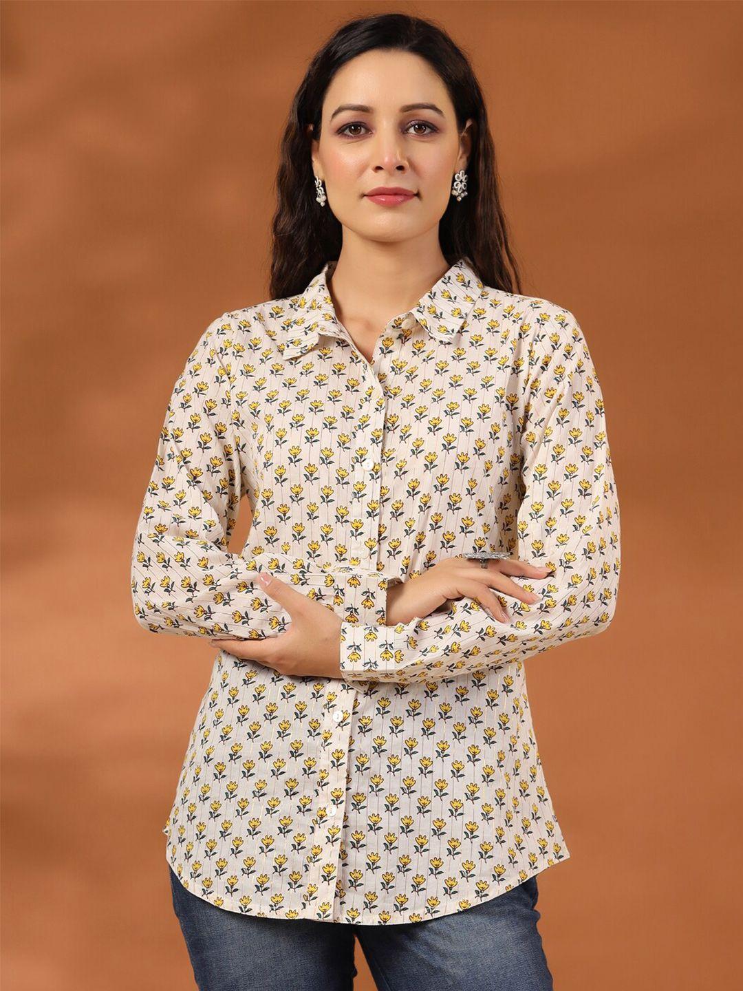 jaipur kurti yellow floral printed standard cotton casual shirt