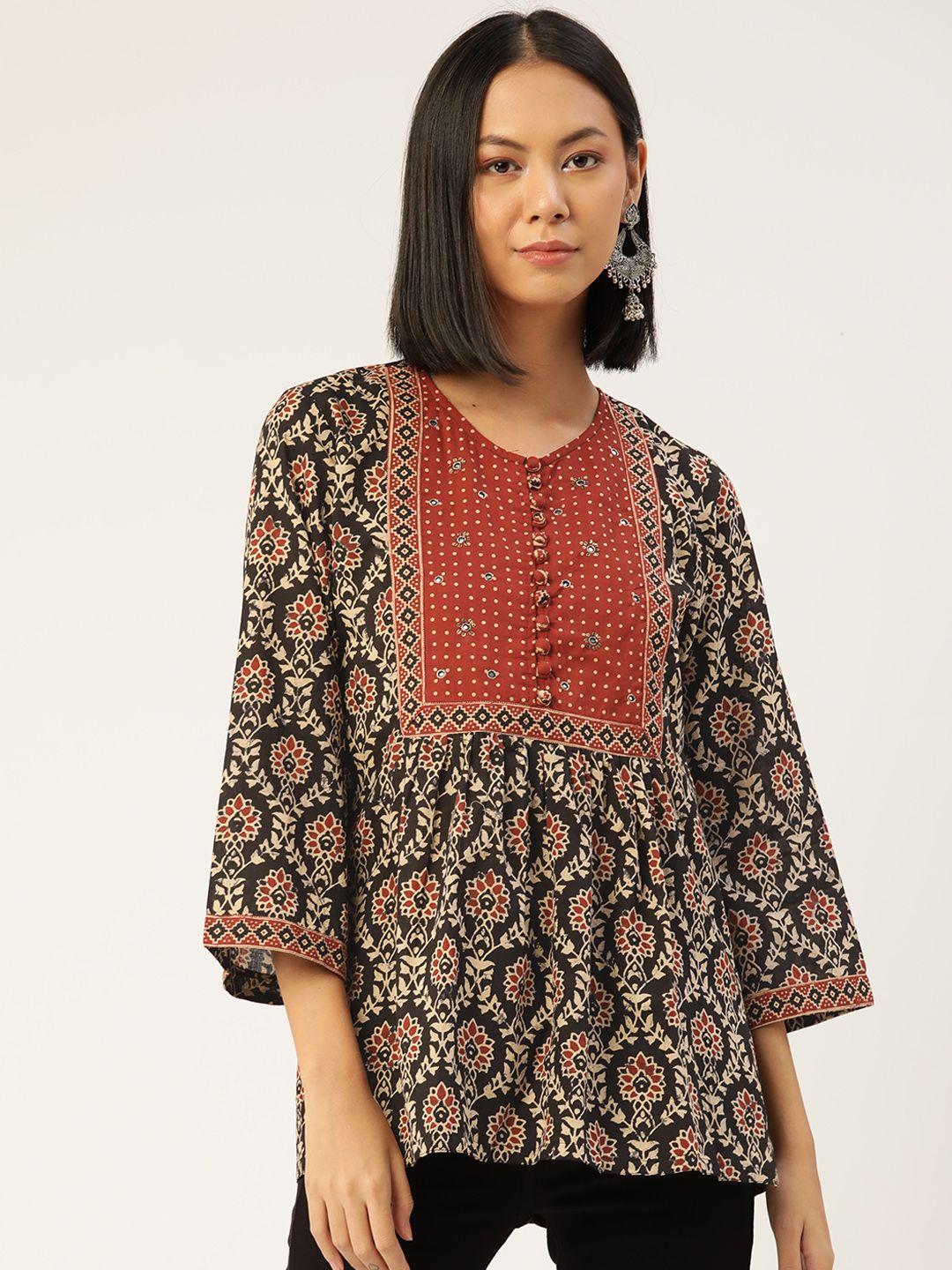 jaipur morni black & maroon print top