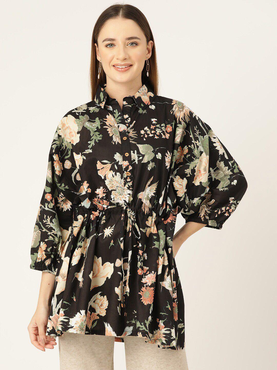 jaipur morni black floral print puff sleeve cotton shirt style longline top