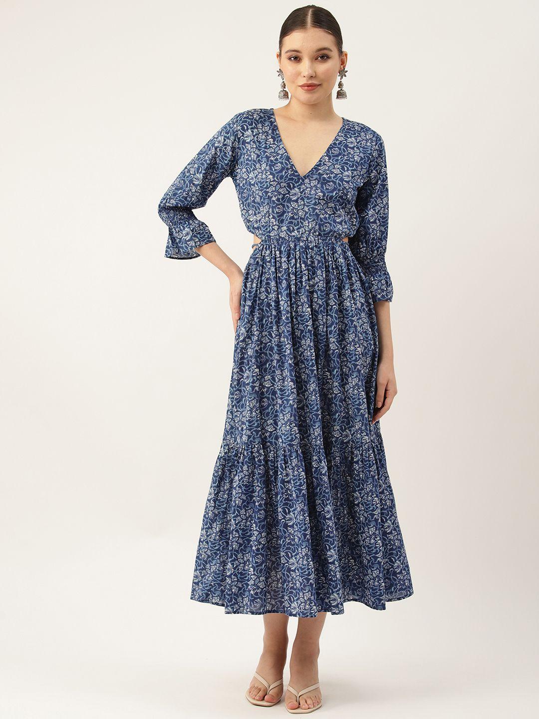 jaipur morni blue floral print bell sleeve pure cotton fit & flare maxi dress