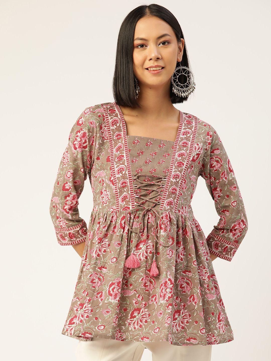 jaipur morni brown & pink floral print top