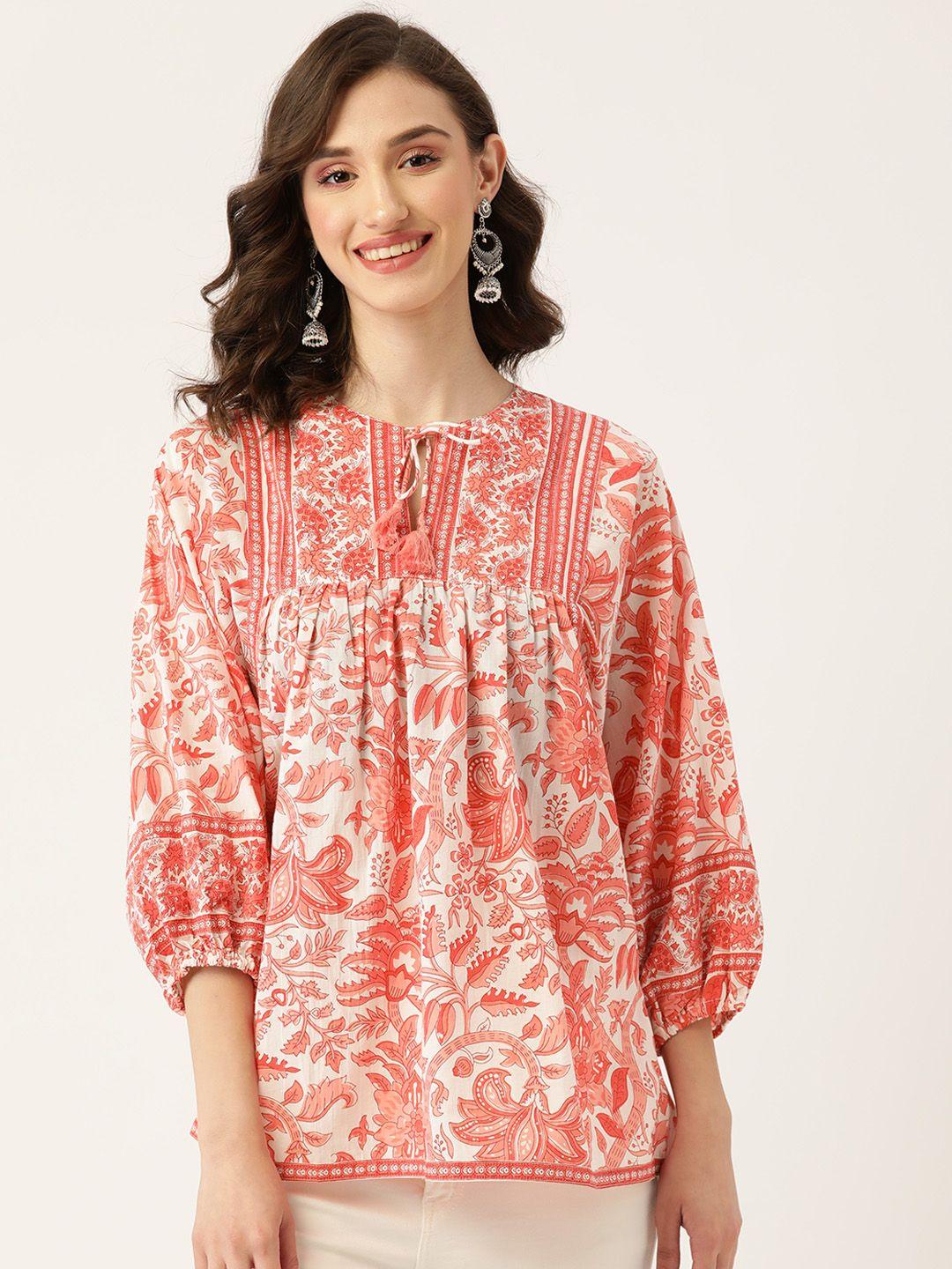 jaipur morni coral pink & white floral print tie-up neck top