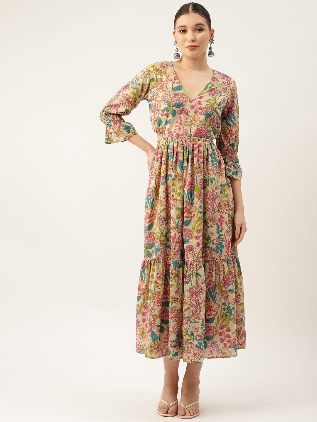 jaipur morni cream-coloured floral print bell sleeve pure cotton fit & flare maxi dress