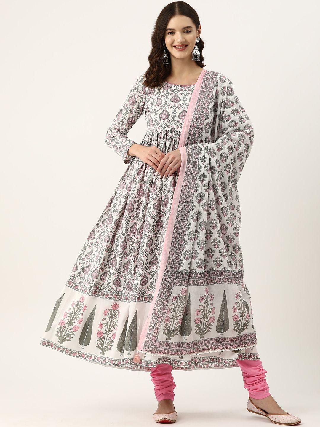 jaipur morni ethnic motifs printed pleated pure cotton kurta with churidar & dupatta