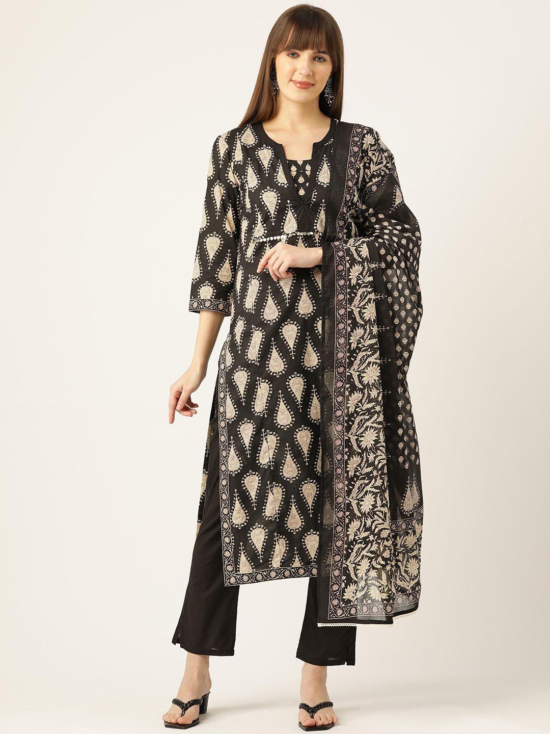 jaipur morni ethnic motifs printed sequinned pure cotton kurta with trousers & dupatta