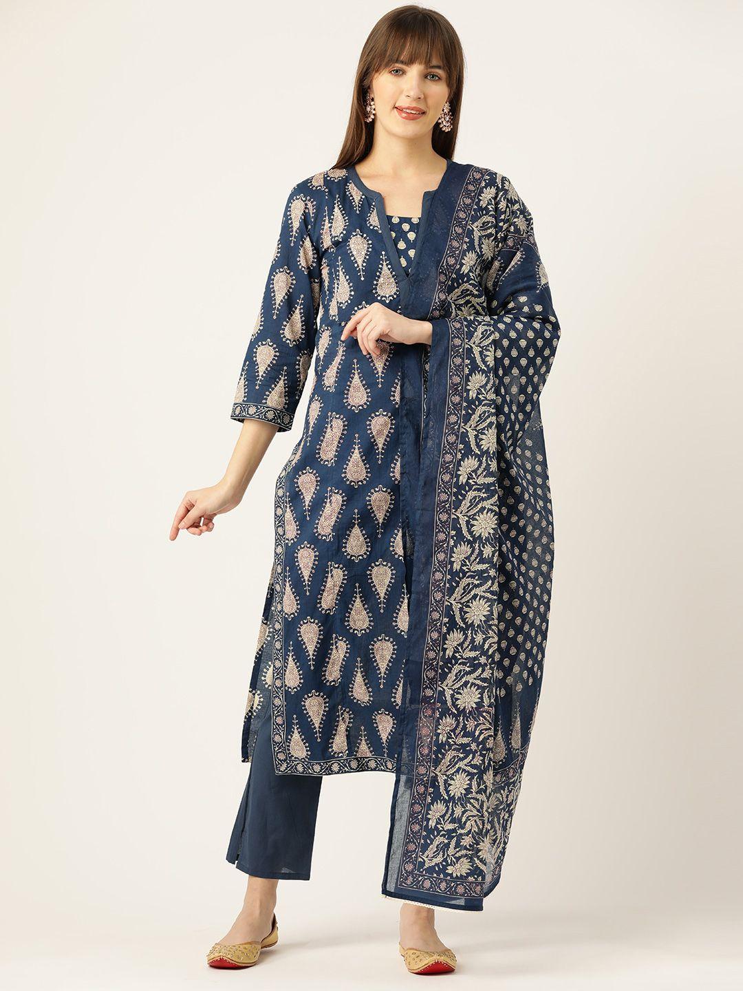 jaipur morni ethnic motifs printed sequinned pure cotton kurta with trousers & dupatta