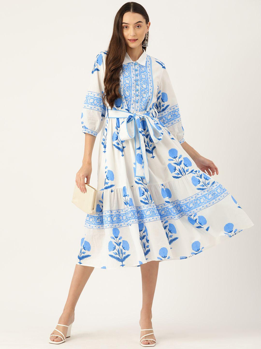 jaipur morni floral print flutter sleeve a-line cotton midi dress