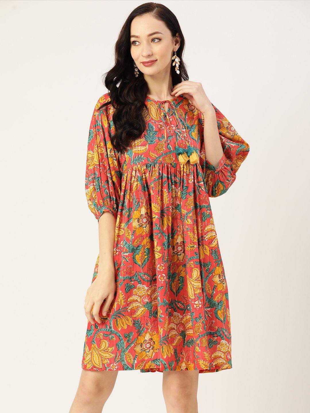 jaipur morni floral print gathered detail pure cotton a-line dress