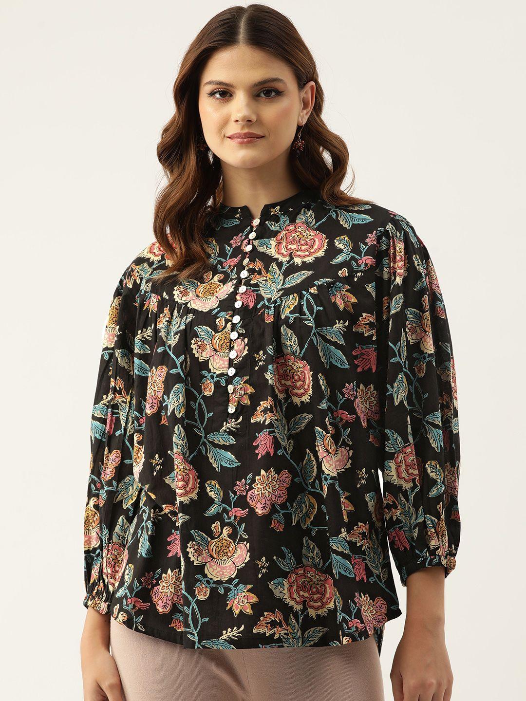 jaipur morni floral print mandarin collar puff sleeves pure cotton top