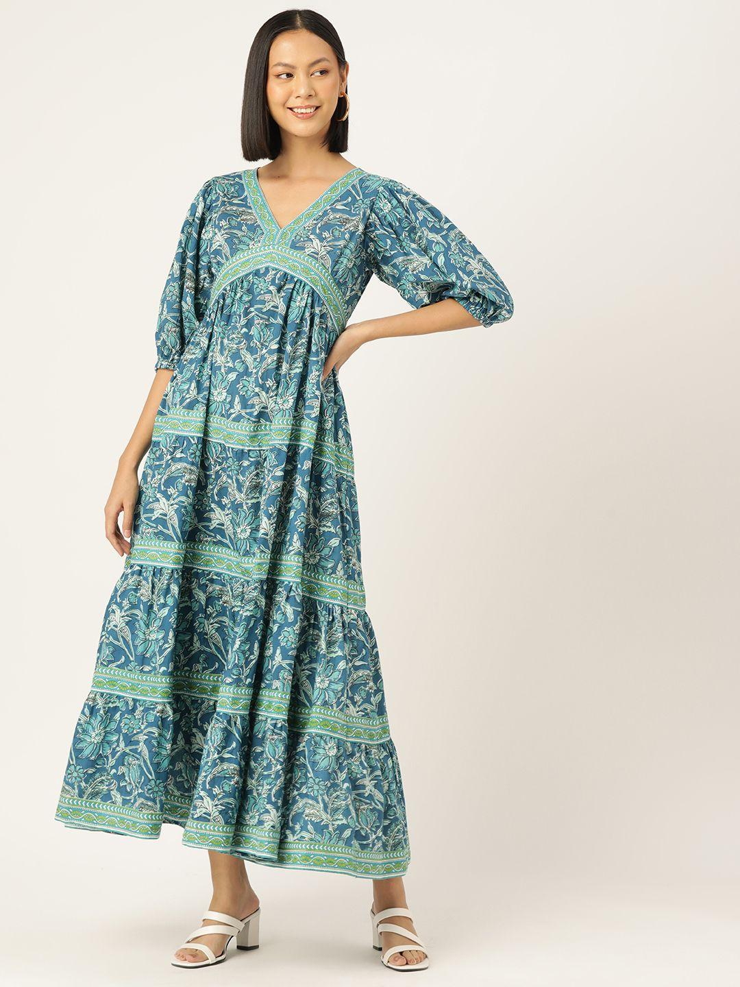 jaipur morni floral print puff sleeve a-line cotton maxi dress