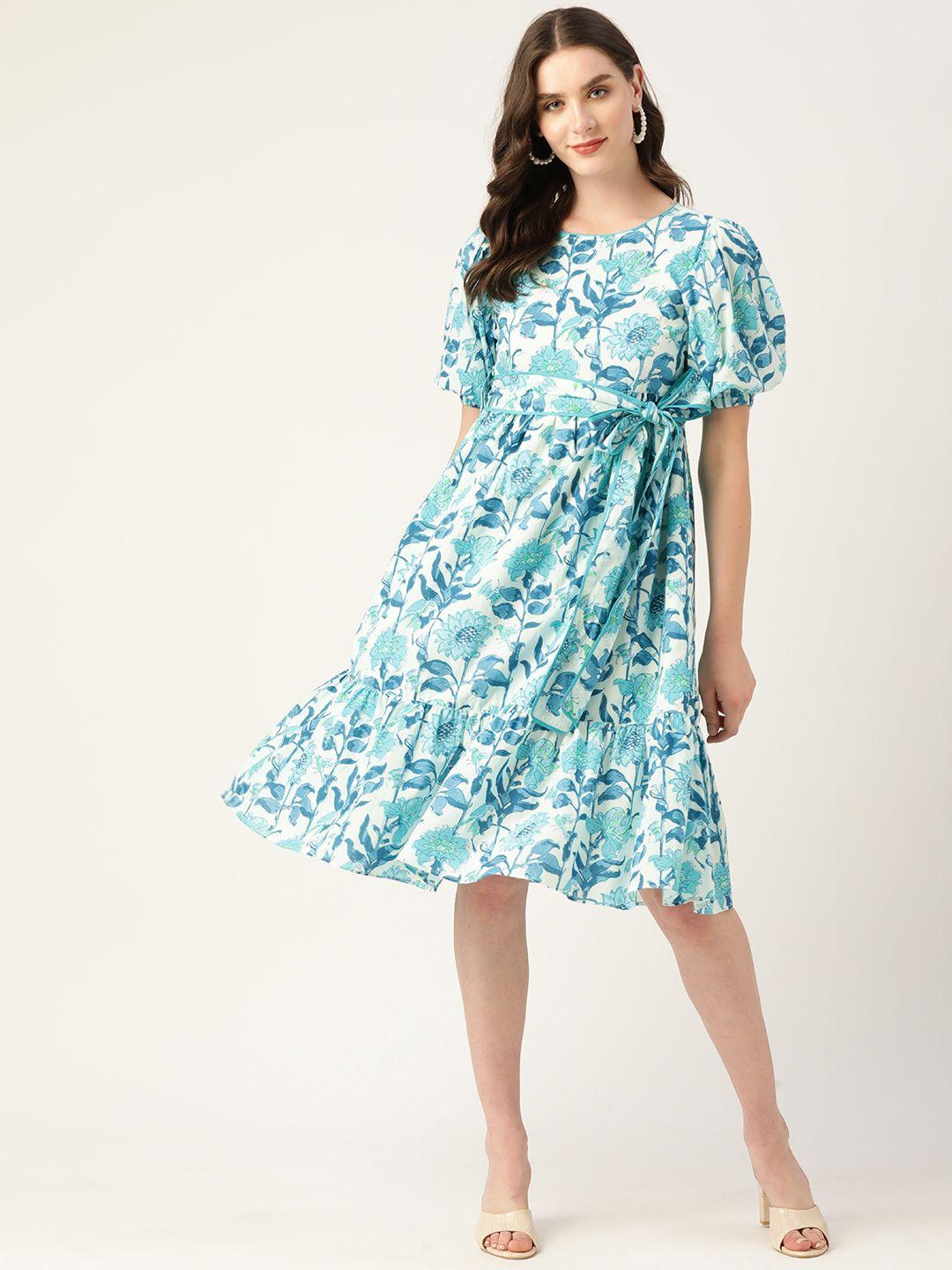 jaipur morni floral print puff sleeve cotton a-line midi dress