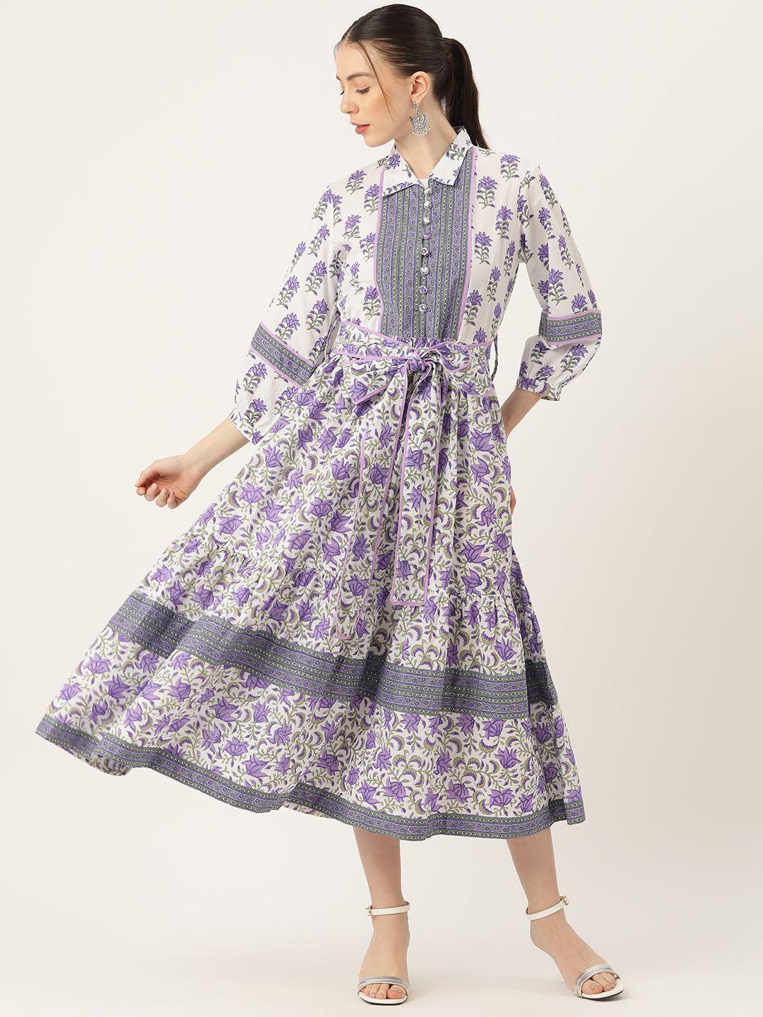 jaipur morni floral print puff sleeve cotton a-line midi dress