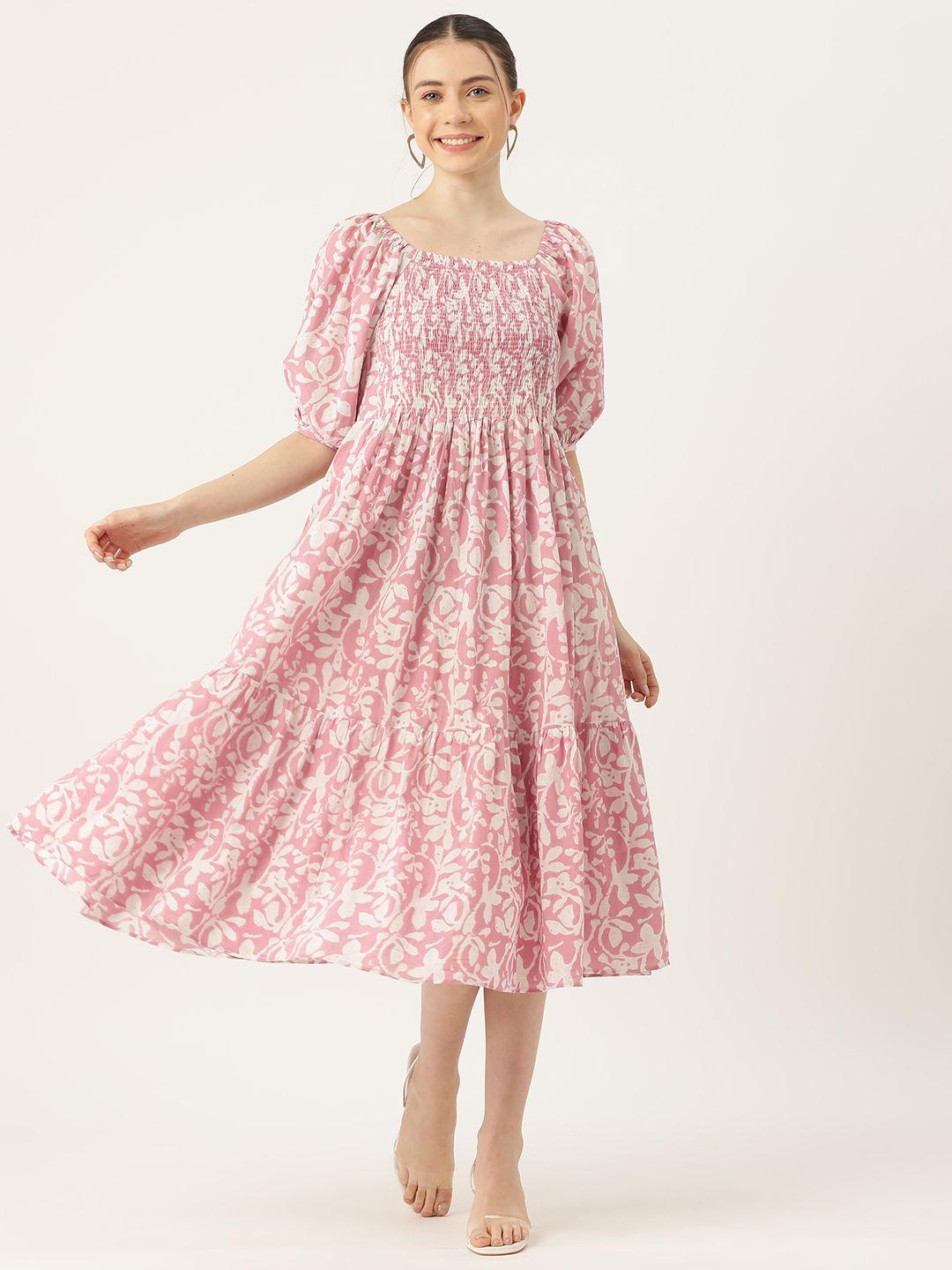 jaipur morni floral print puff sleeve fit & flare cotton midi dress