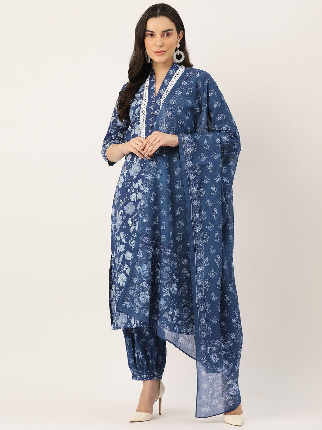 jaipur morni floral printed pure cotton kurta with salwar & dupatta