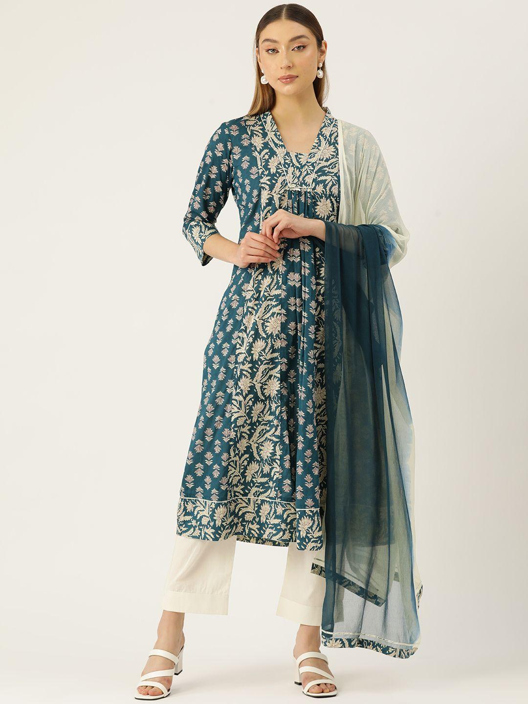 jaipur morni floral printed regular sequinned pure cotton kurta with trousers & dupatta