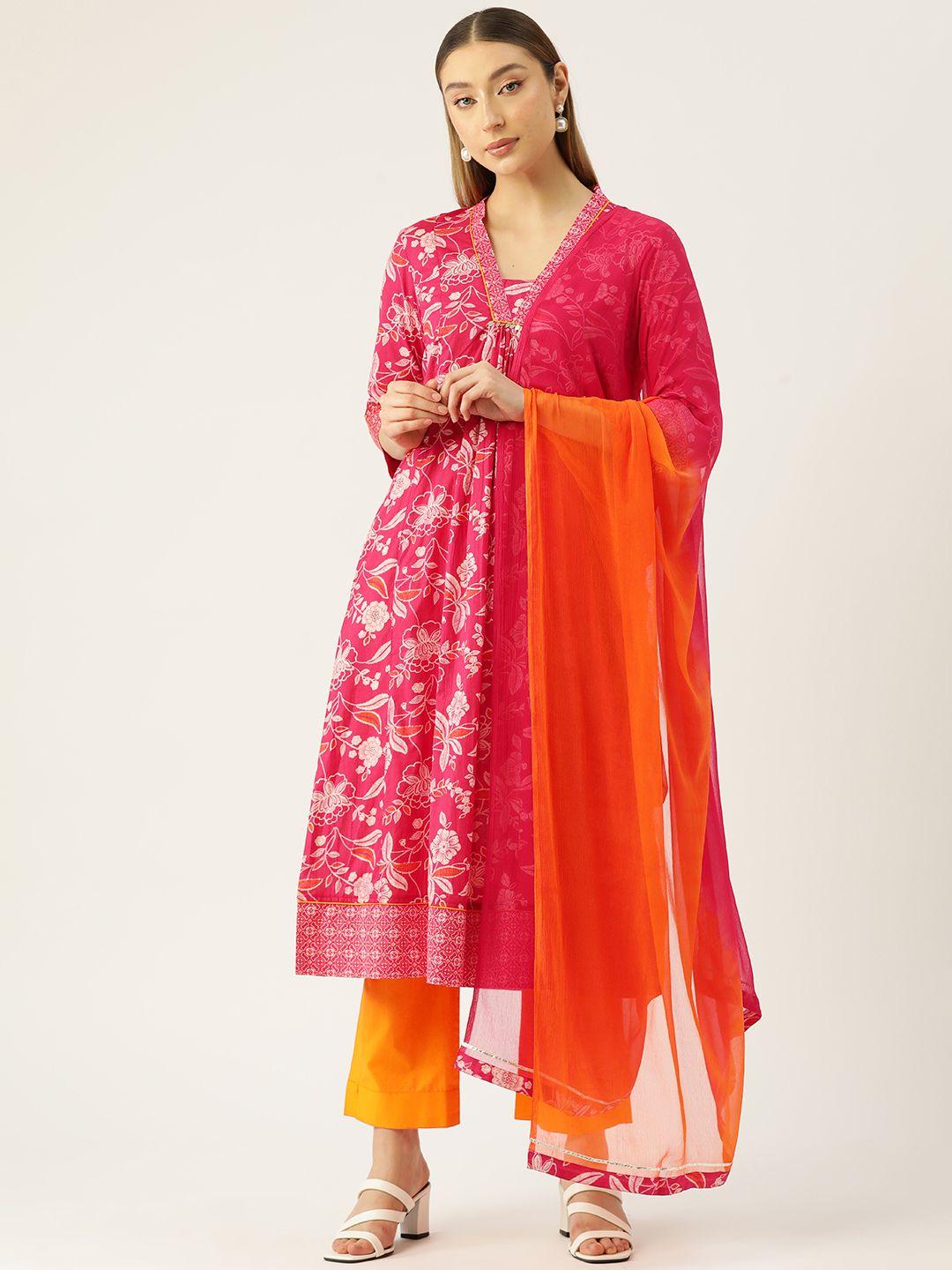 jaipur morni floral printed sequinned pure cotton kurta with trousers & dupatta