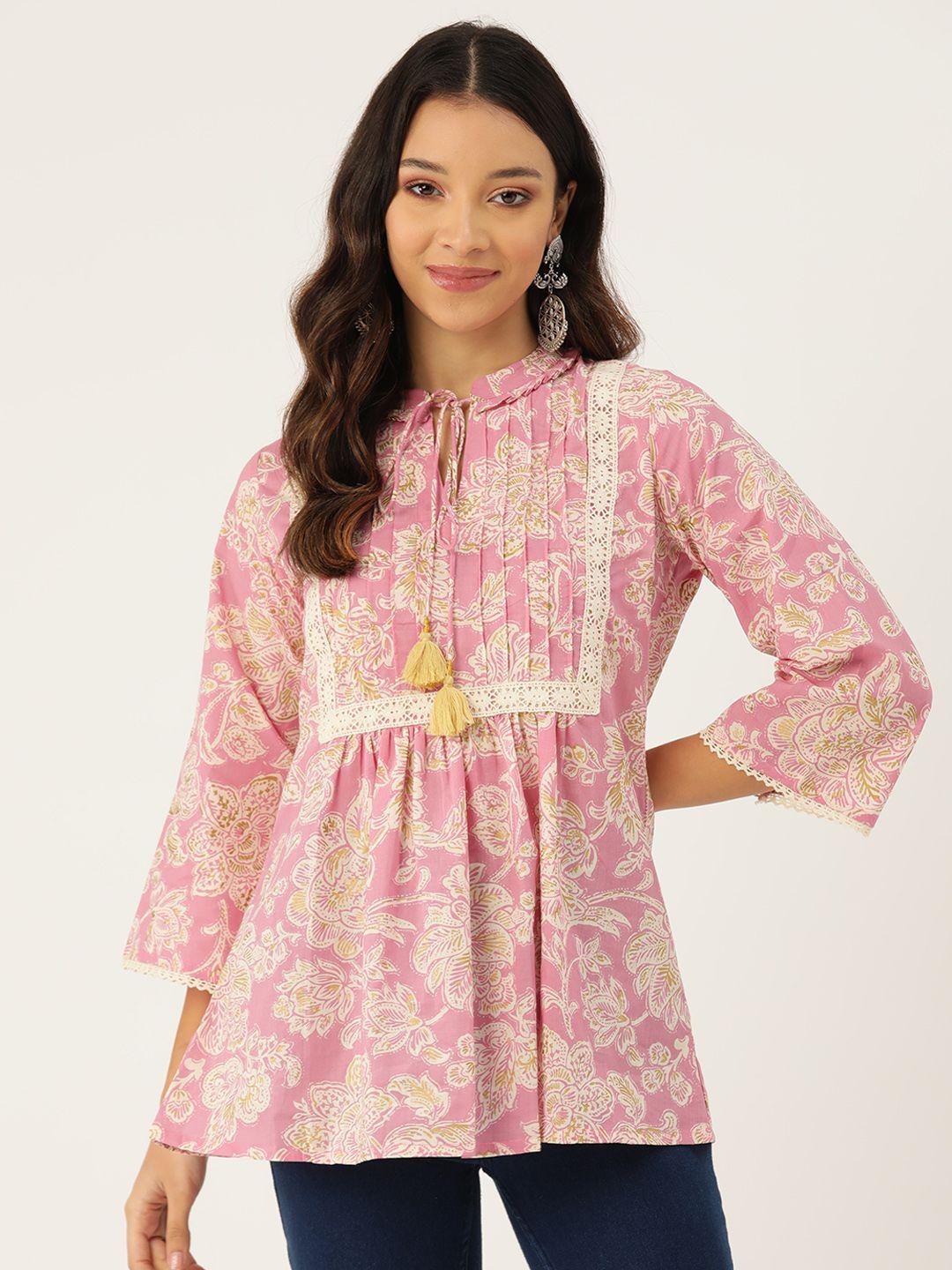 jaipur morni floral printed tie-up neck pure cotton tunic