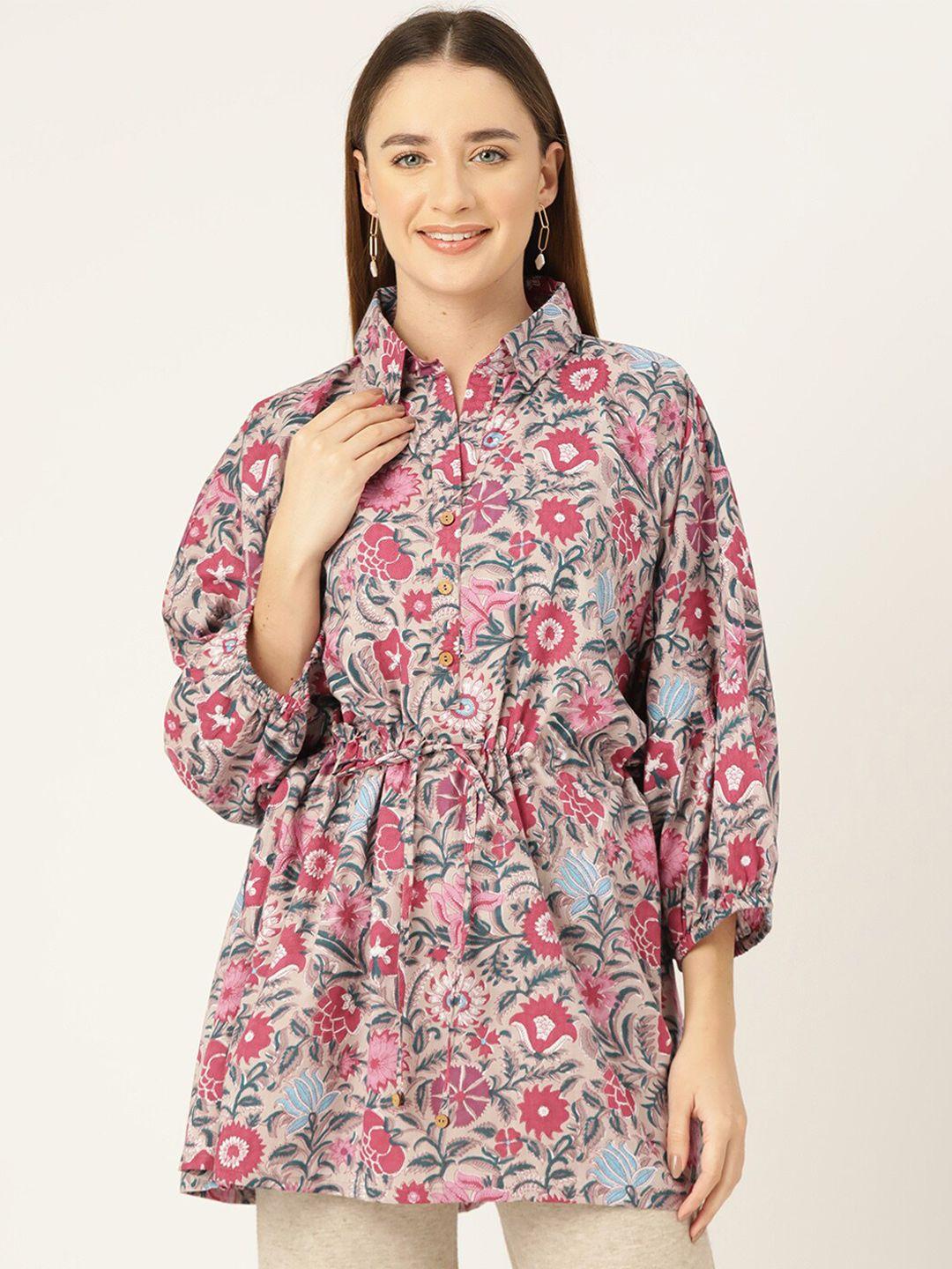 jaipur morni grey floral print cotton cinched waist top