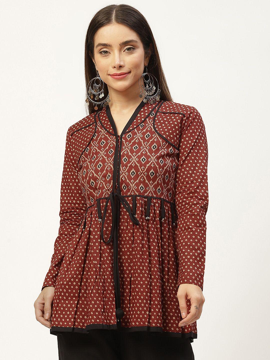 jaipur morni maroon print cotton cinched waist top