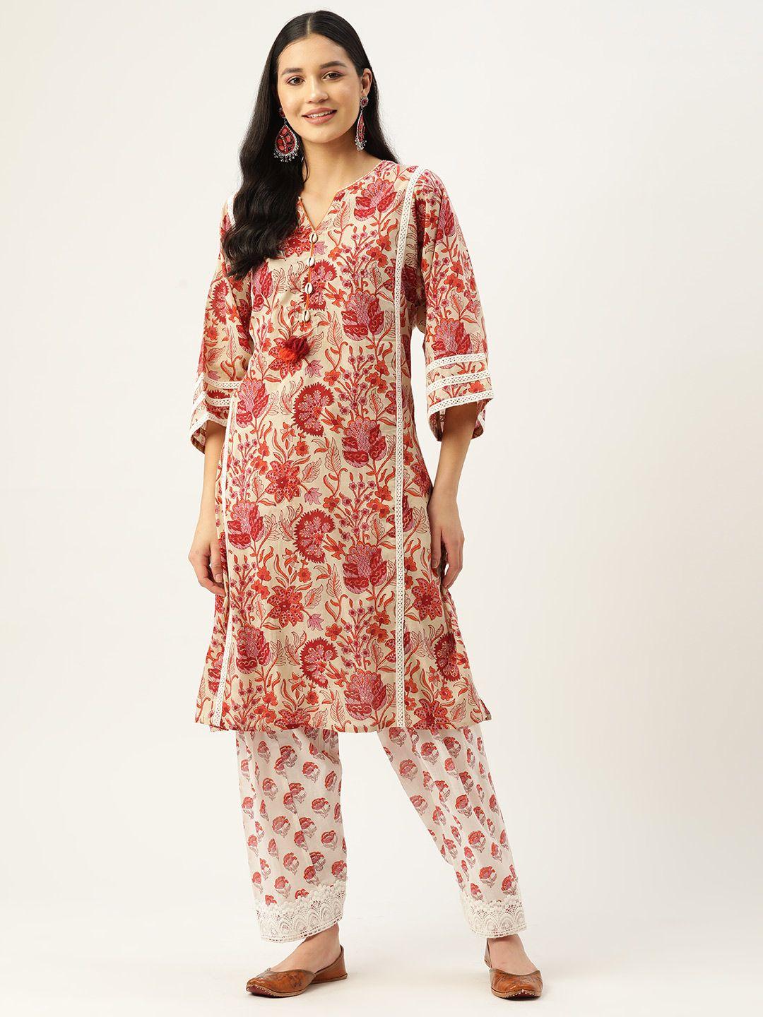 jaipur morni women beige floral printed pure cotton kurta with salwar