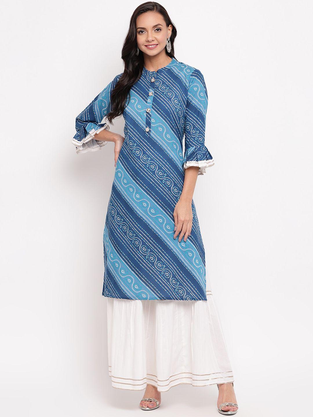 jaipur morni women blue bandhani printed pure cotton kurta