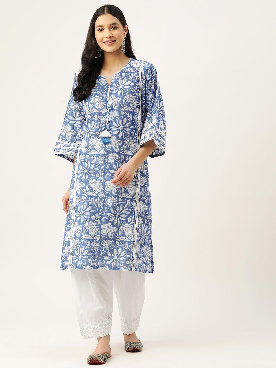 jaipur morni women blue floral printed pure cotton kurta with salwar