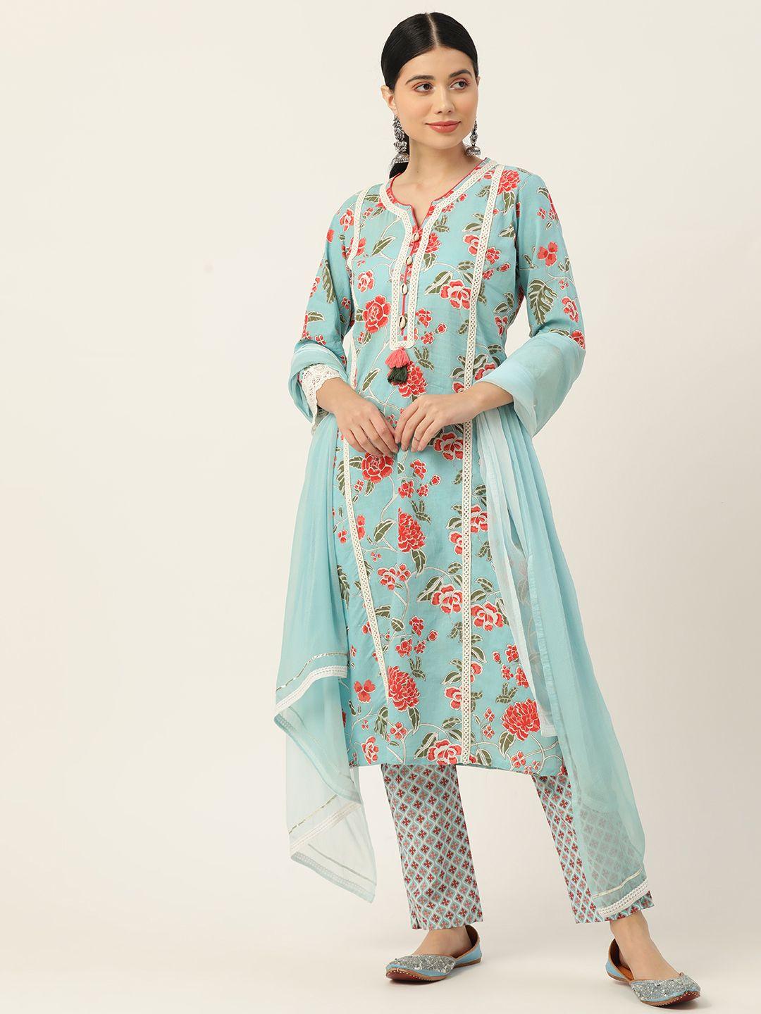 jaipur morni women blue floral printed thread work pure cotton kurta with trousers & with dupatta