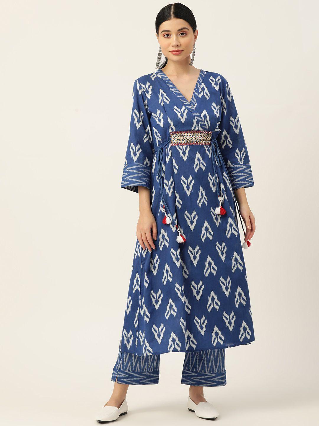 jaipur morni women blue printed angrakha beads & stones pure cotton kurta with trousers