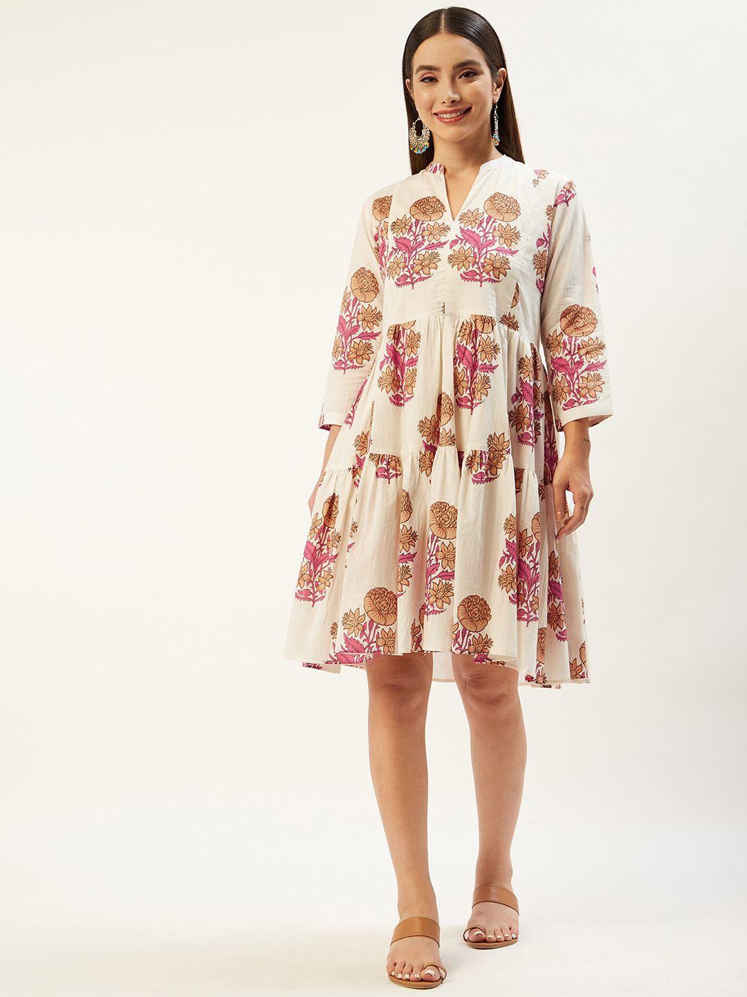 jaipur morni women cream-coloured & pink ethnic motifs printed pure cotton a-line dress
