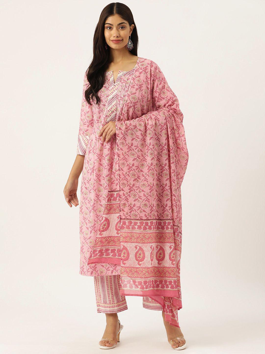 jaipur morni women floral printed regular sequinned cotton kurta with trousers & dupatta