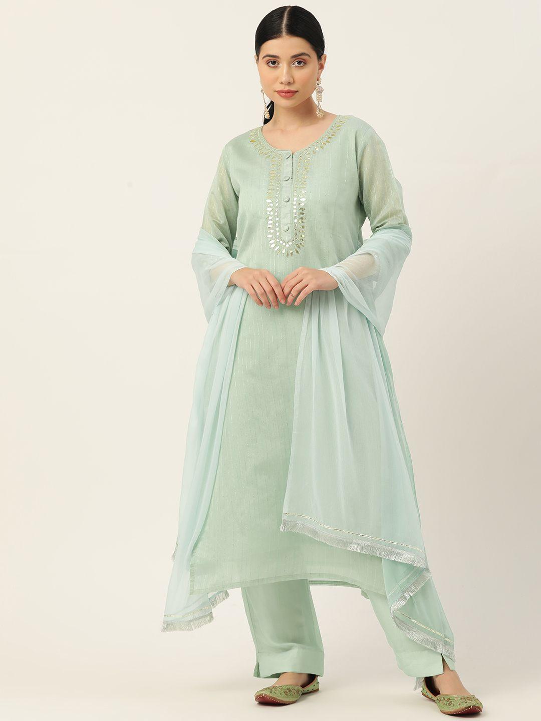 jaipur morni women green printed thread work chanderi cotton kurta with palazzos & with dupatta