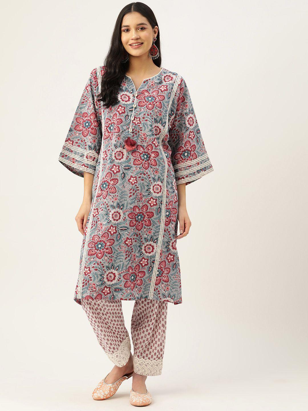 jaipur morni women grey floral printed pure cotton kurta with salwar