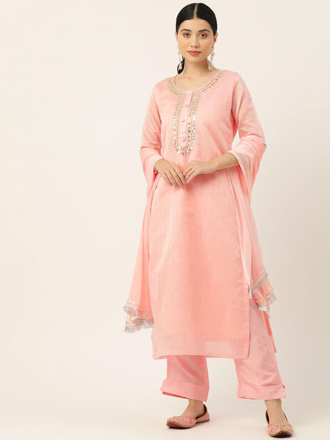 jaipur morni women pink printed thread work chanderi cotton kurta with palazzos & with dupatta