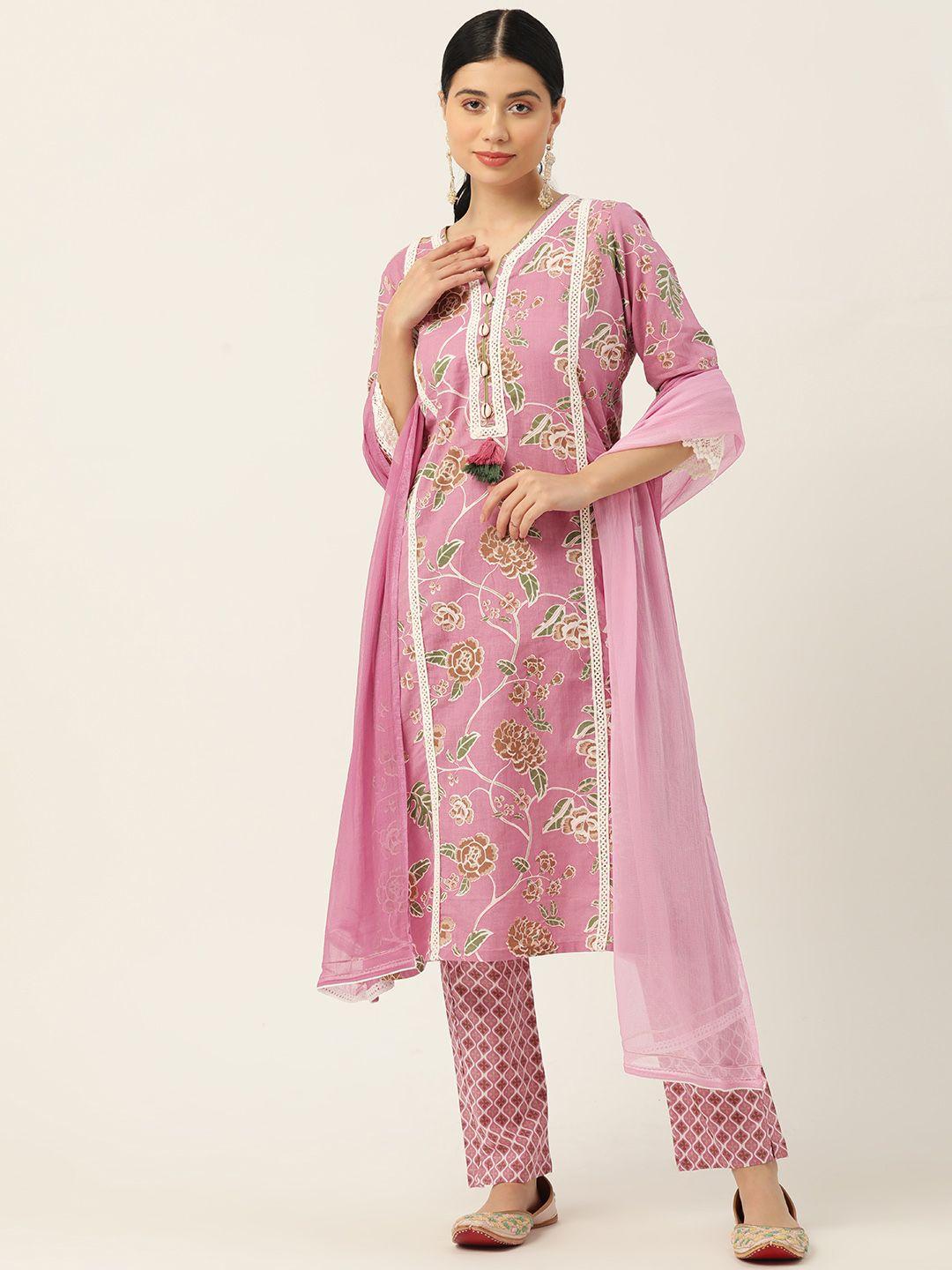 jaipur morni women purple floral printed thread work pure cotton kurta with trousers & with dupatta