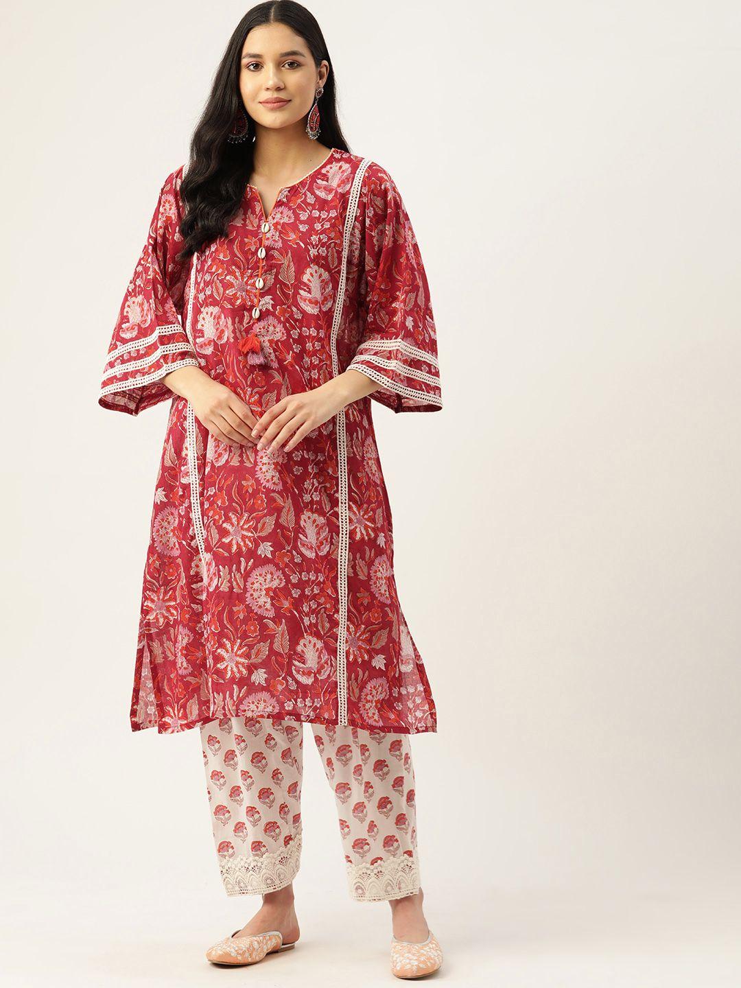 jaipur morni women red floral printed pure cotton kurta with salwar