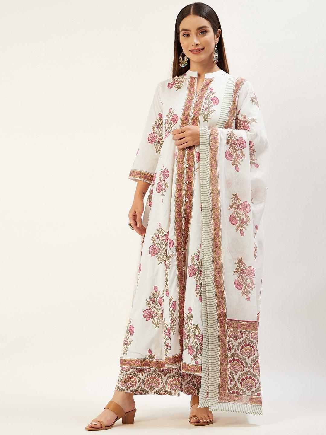 jaipur morni women white ethnic motifs printed pure cotton kurta with palazzos & dupatta