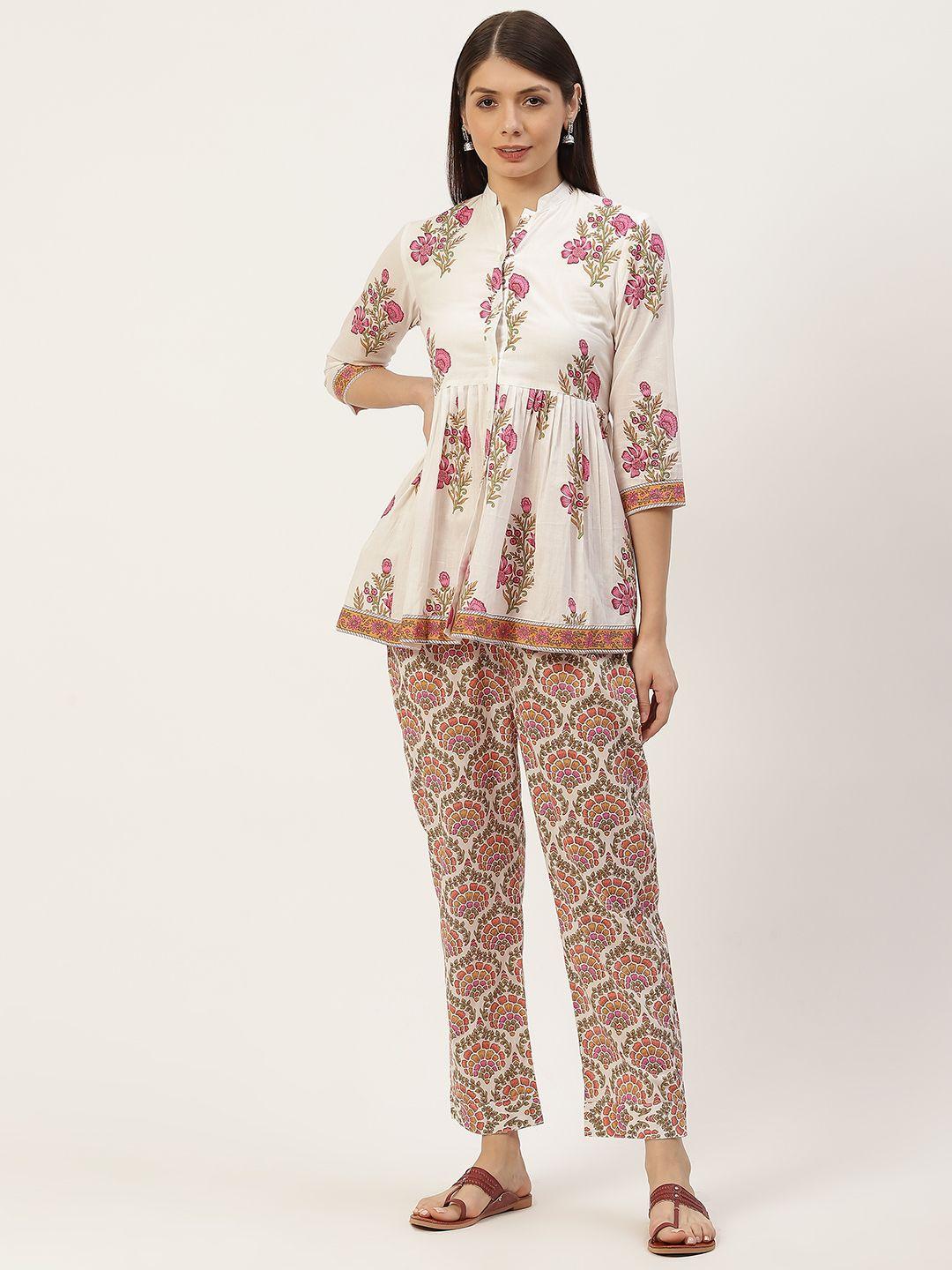 jaipur morni women white ethnic motifs printed pure cotton kurti with trousers