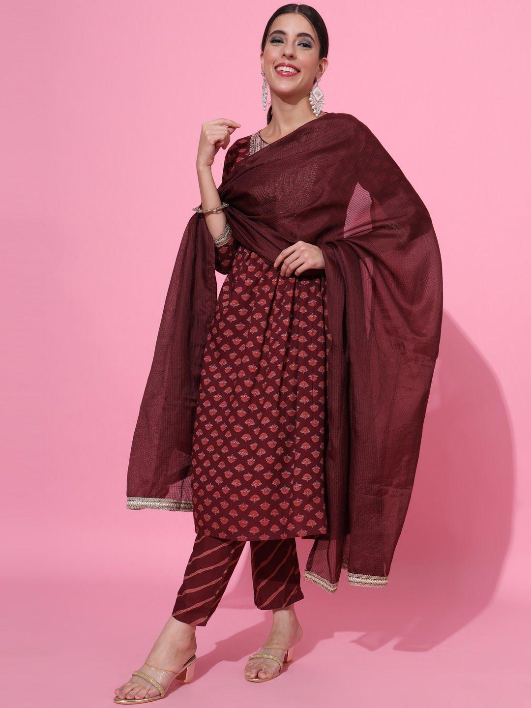 jaipur prime ethnic motifs printed anarkali kurta with trousers & with dupatta