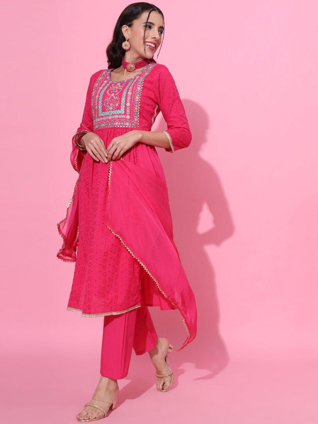 jaipur prime floral embroidered empire pure cotton kurta with trousers & dupatta