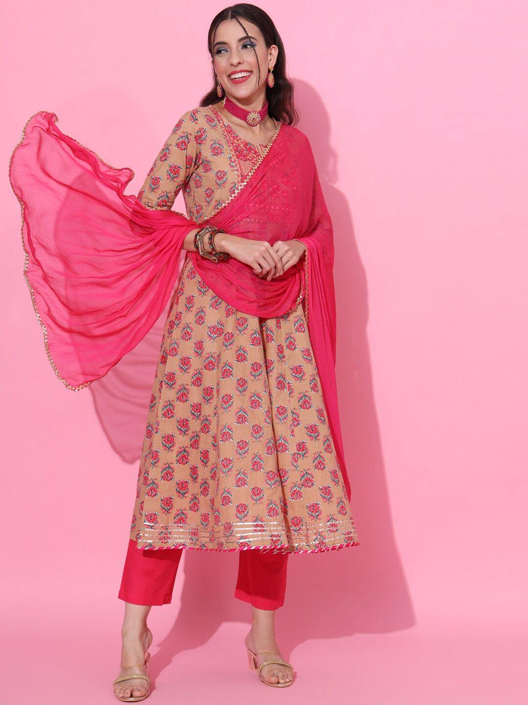 jaipur prime floral printed regular thread work pure cotton kurta with trousers & dupatta