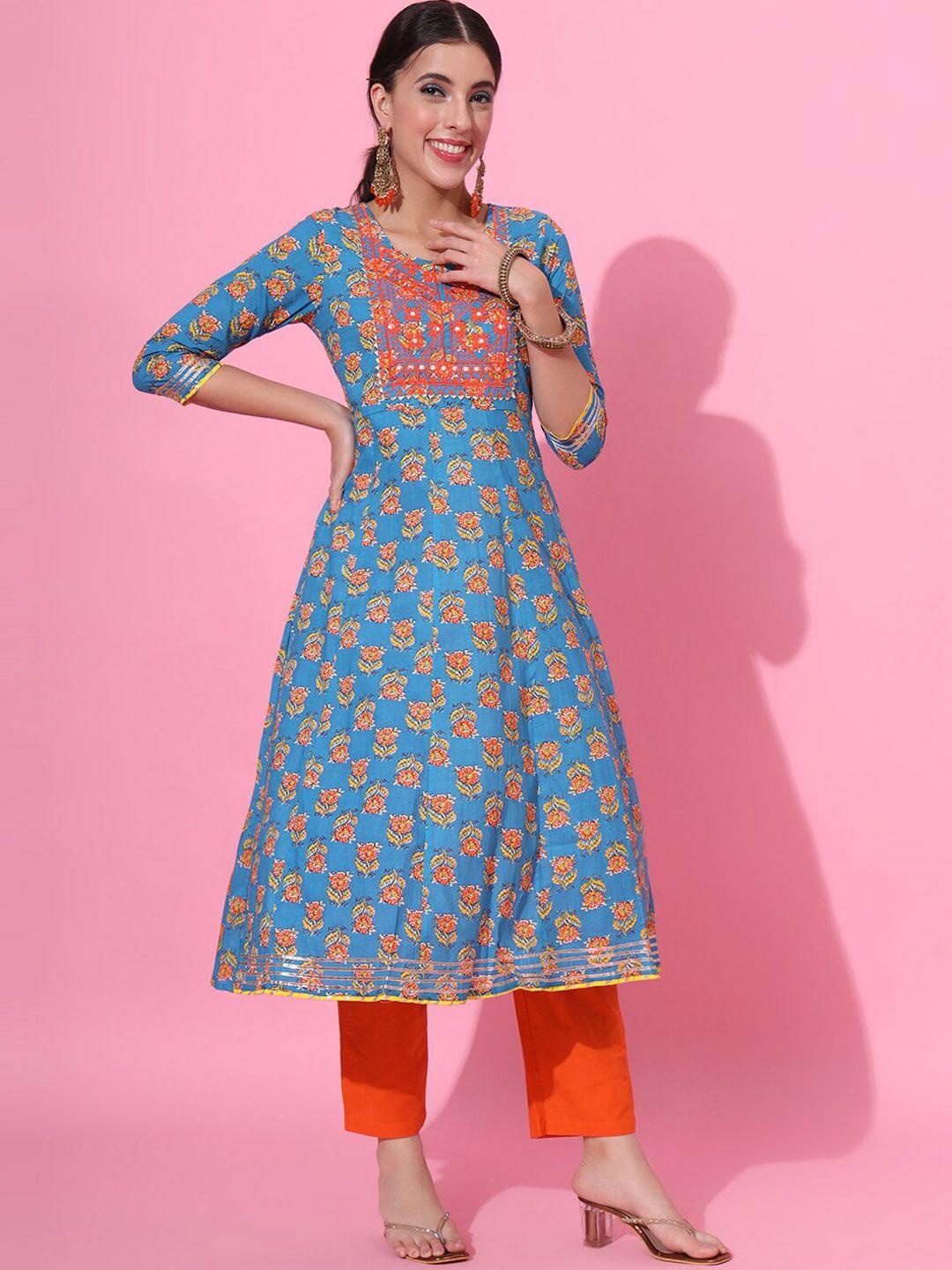 jaipur prime floral printed regular thread work pure cotton kurta with trousers & dupatta
