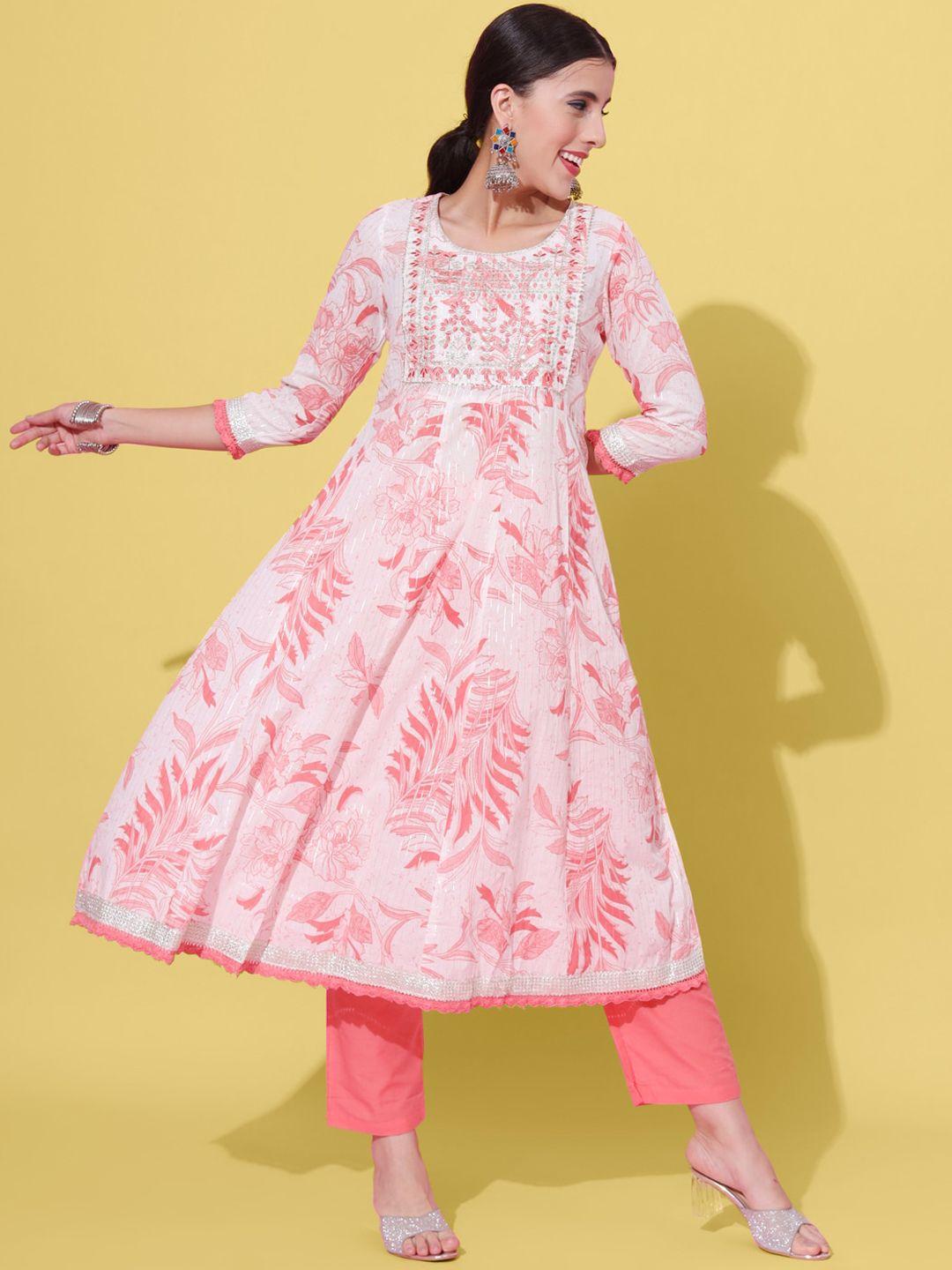 jaipur prime floral printed thread work a-line kurta with trousers & with dupatta