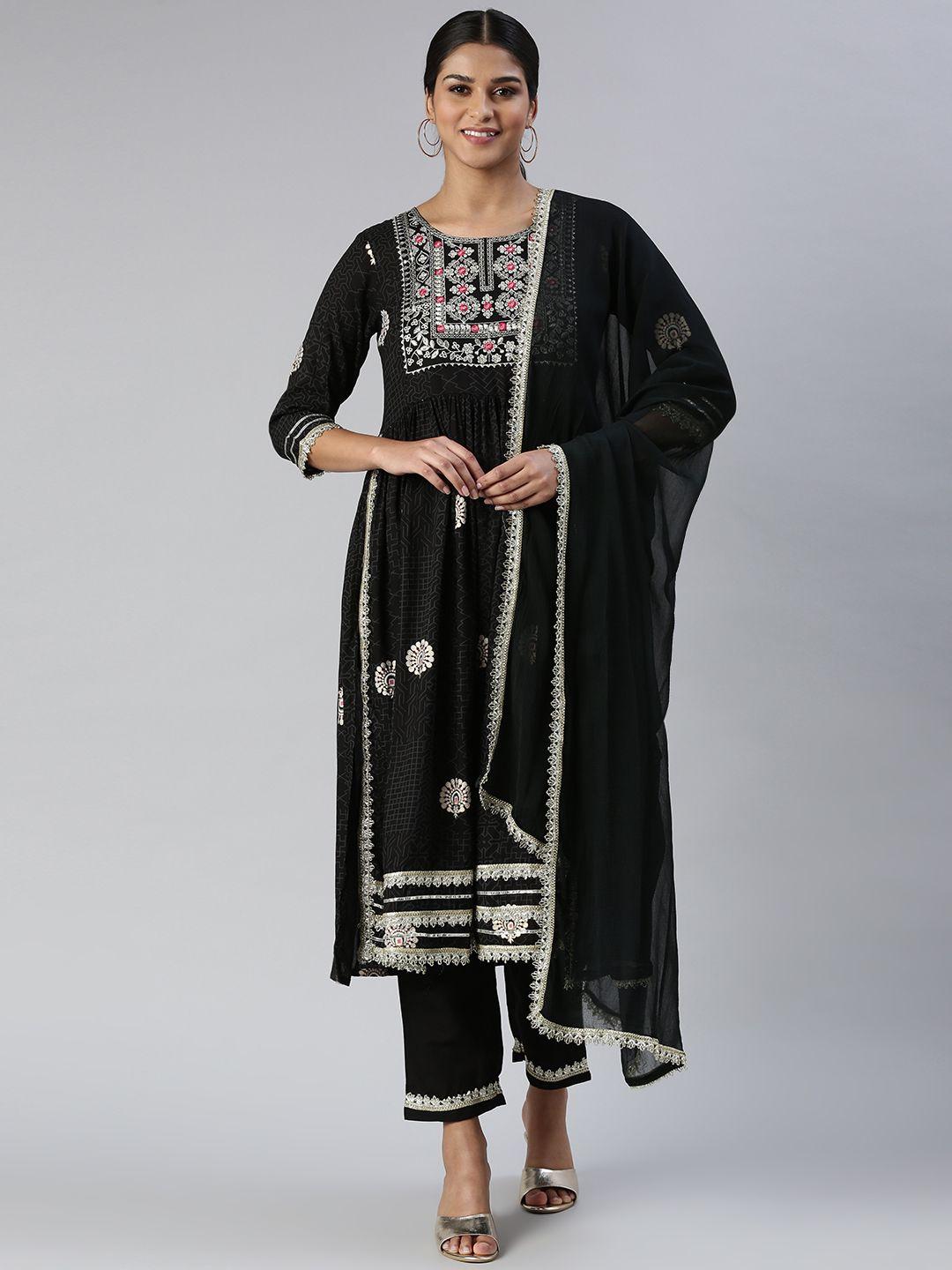 jaipur prime floral yoke design pleated sequinned kurta with trousers & dupatta